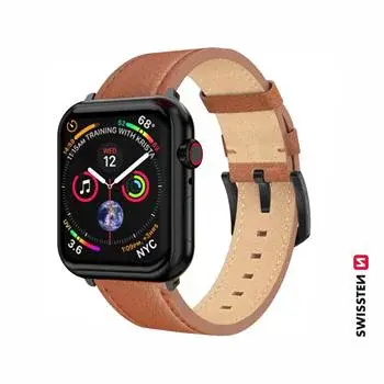 Swissten řemínek pro Apple Watch kožený 42 / 44 / 45 / 49 mm, hnědá (černá spona a černé poutko)