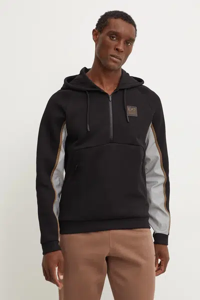 Mikina EA7 Emporio Armani pánská, černá barva, s kapucí, vzorovaná, PJODZ.6DPM37