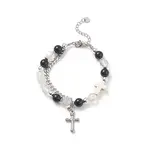 Natural & Synthetic Mixed Stone Beaded Bracelet with Cross Charm