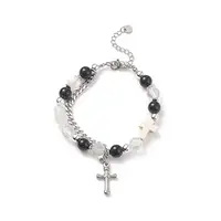 Natural & Synthetic Mixed Stone Beaded Bracelet with Cross Charm