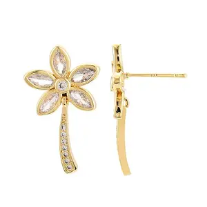 Flower Brass Micro Pave Clear Cubic Zirconia Dangle Stud Earrings