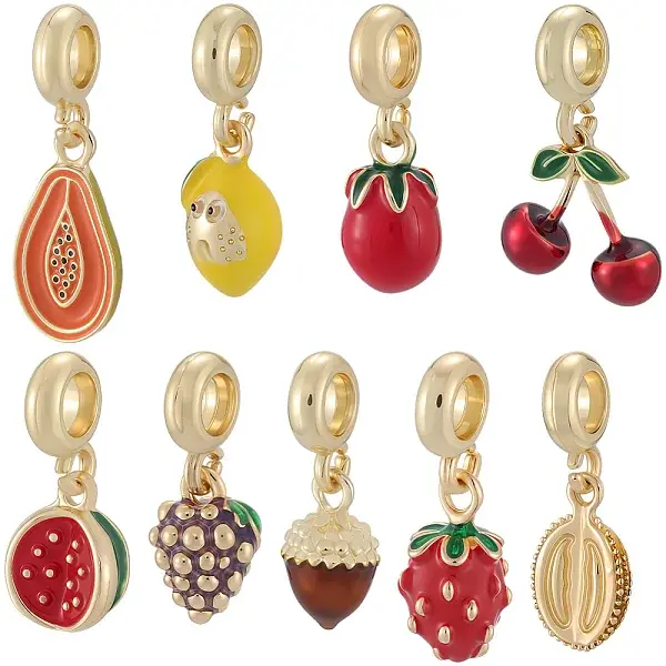 9Pcs 9 Styles Brass Enamel Fruit European Dangle Charms