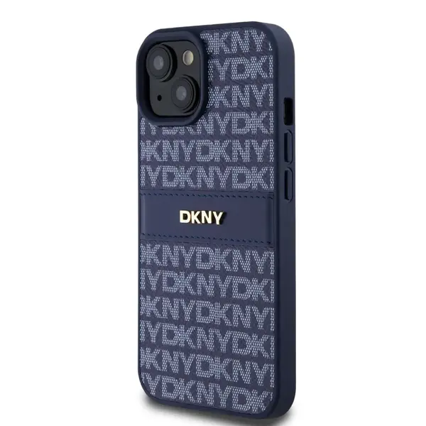 Zadní kryt DKNY PU Leather Repeat Pattern Tonal Stripe pro Apple iPhone 15, modrá
