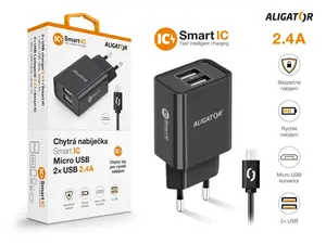 Chytrá síťová nabíječka ALIGATOR 2.4A, 2xUSB, smart IC, Micro USB kabel 2A, černá