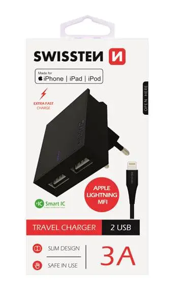 SWISSTEN SÍŤOVÝ ADAPTÉR SMART IC 2x USB 3A POWER + DATOVÝ KABEL USB / LIGHTNING MFi 1,2 M, ČERNÁ
