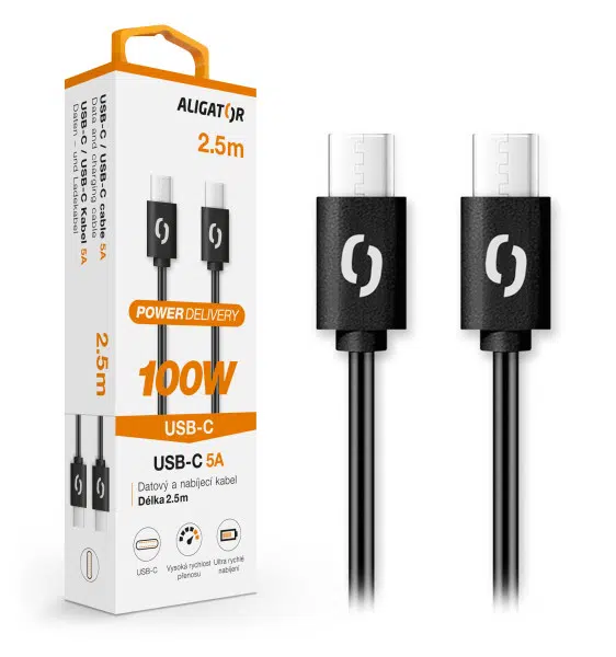 Datový kabel Aligator Power 100W, USB-C/USB-C 5A, 2,5m černá