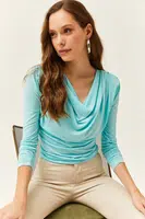 Olalook Women's Turquoise Waistband Pleated Turndown Collar Blouse