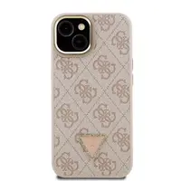 Zadní kryt Guess PU 4G Strass Triangle Logo Stand Camera Frame MagSafe Zadní pro Apple iPhone 15, růžová