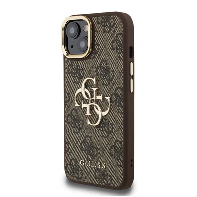Zadní kryt Guess PU 4G Metal Logo Stand Camera Frame pro Aplle iPhone 13, hnědá