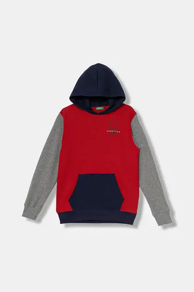 Dětská bavlněná mikina United Colors of Benetton červená barva, s kapucí, s potiskem, 3J68C204V
