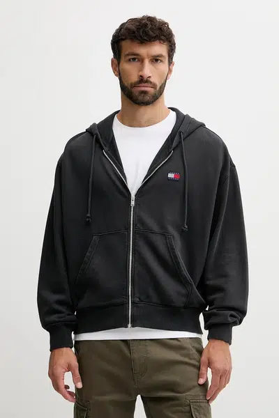 Bavlněná mikina Tommy Jeans pánská, šedá barva, s kapucí, s aplikací, DM0DM22080