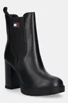 Kožené kotníkové boty Tommy Jeans TJW LEATHER HEEL BOOT dámské, černá barva, na podpatku, lehce zateplené, EN0EN02831