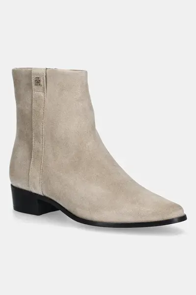 Semišové boty Tommy Hilfiger TH SUEDE POINTY ZIP BOOTIE dámské, béžová barva, na podpatku, FW0FW08981