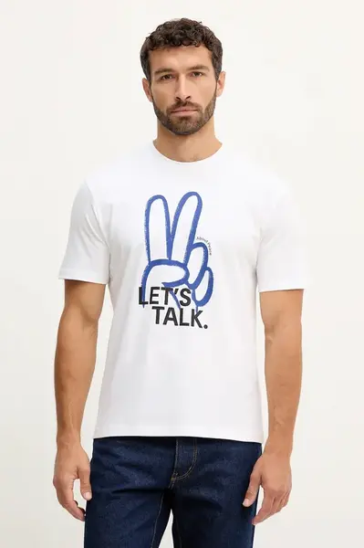 Bavlněné tričko United Colors of Benetton pánské, bílá barva, s potiskem, 3MI5U10AT