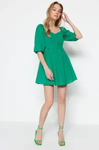 Trendyol zelené otevírání pasu s balónovým rukávem Mini tkané šaty