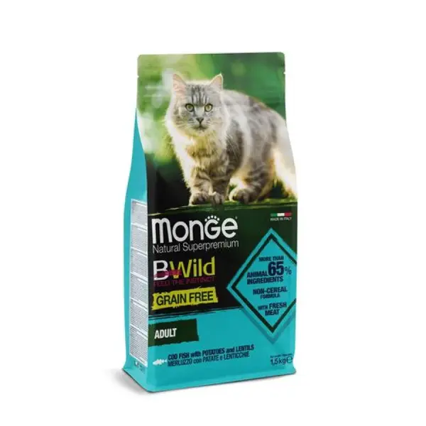 MONGE BWild Cat Adult Grain free 1,5kg bezobilninové kompletné krmivo pre dospelé mačky s treskou, zemiakmi a šošovicou