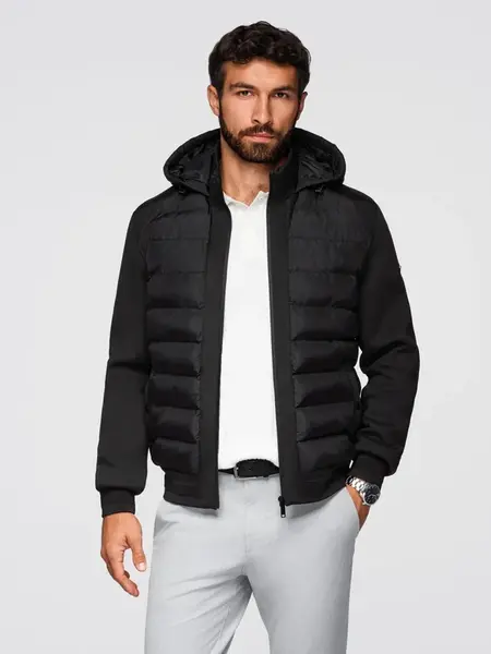 Ombre Quilted bomber jacket with hood and knitted sleeves - black