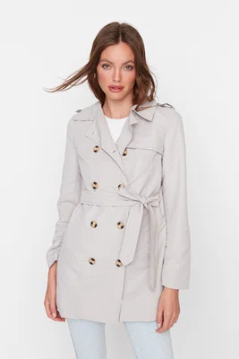 Trenčkot Trendyol Stone Beltted Button Closure Fit Fit