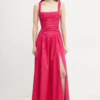 Lněné šaty Bardot růžová barva, maxi, 59877DB