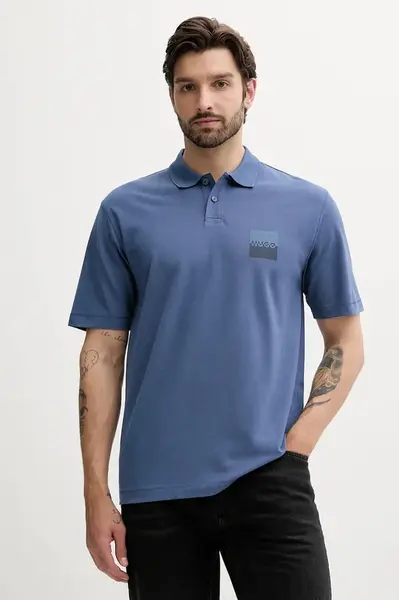 Bavlněné polo tričko HUGO pánské, modrá barva, s aplikací, 50542834