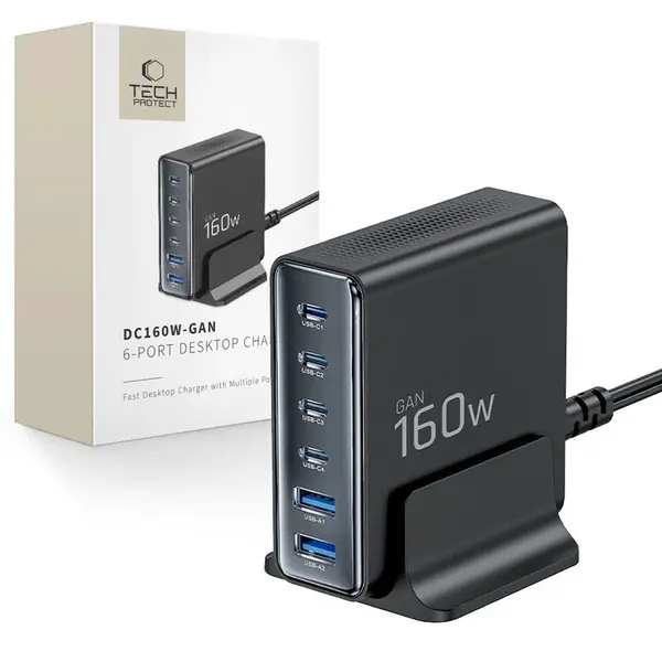 Tech-Protect DC160W-GAN 6portová nabíječka PD 160W / QC3.0, černá