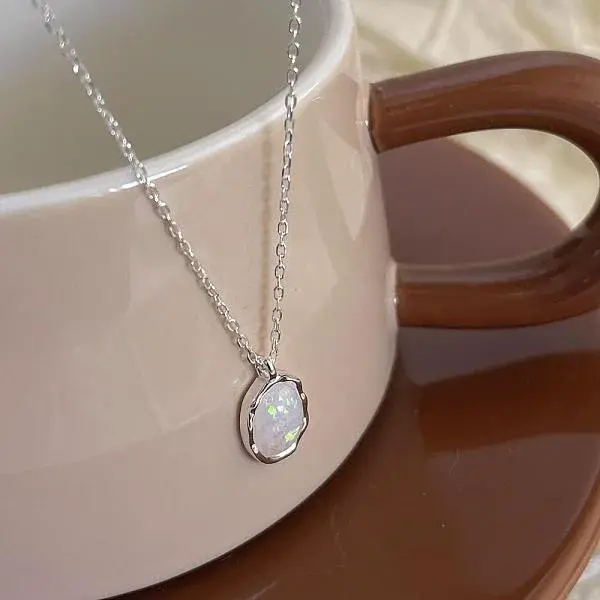 925 Sterling Silver Synthetic White Opal Oval Pendant Cable Chain Necklaces for Women