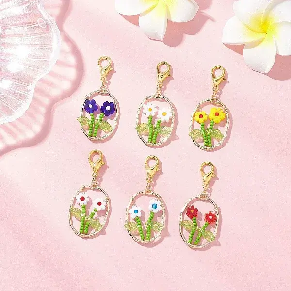 6Pcs Oval with Flower Glass Seed Bead & Lampwork & Alloy Pendant Decoraitons