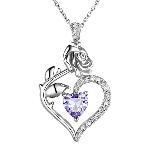 Rhodium Plated 925 Sterling Silver Pave Cubic Zirconia Rose Heart Birthstone Pendant Cable Chain Necklaces