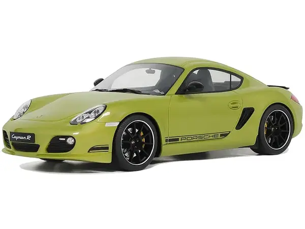 2012 Porsche Cayman R Green with Black Side Stripes 1/18 Model Car by GT Spirit