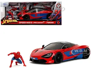 McLaren 720S Red and Blue with Black Top and Graphics and Spider-Man Diecast Figure "Marvel Spider-Man" "Hollywood Rides" Series 1/24 Diecast Model C
