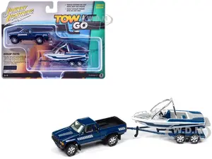 1985 Toyota SR5 Pickup Truck Dark Blue with Graphics and Boat with Trailer Limited Edition "Tow &amp; Go" Series 1/64 Diecast Model Car by Johnny Lig