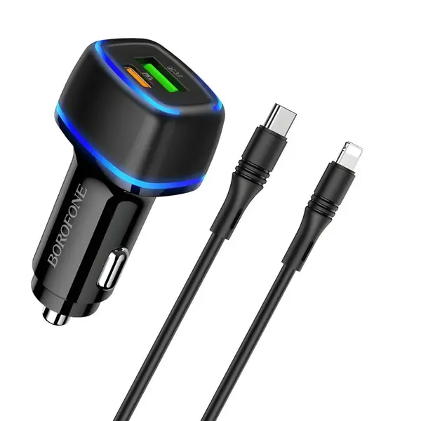 Nabíjačka do auta s káblami USB - USB-C, Lightning - Čierna H24022