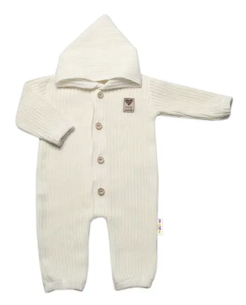 Baby Nellys Pletený overálok s kapucňou a gombíkmi Hand Made, ecru, veľ. 80/86