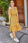 armonika Women's Mustard Checkered Floral Patterned Strapped Elastic Waist Dress