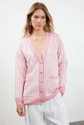 Trendyol Pink Wide Fit Houndstooth Knitwear Cardigan