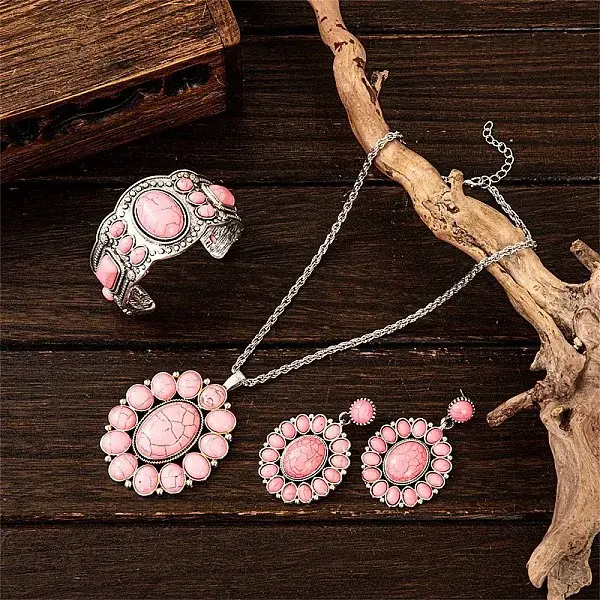 Oval Synthetic Turquoise Stud Earrings & Pendant Necklaces & Cuff Bangles