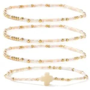 4Pcs Vintage Cylinder Seed Beads &  Brass Beaded Bracelet Sets
