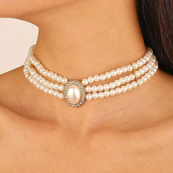 Alloy & Plastic Pearl Oval Multilayer Beaded Necklaces for Women