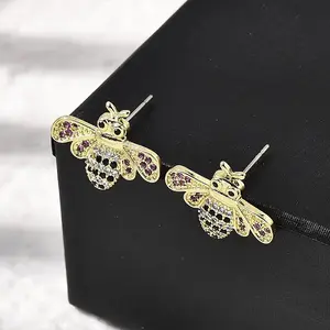 Brass Colorful Cubic Zirconia Bees Stud Earrings