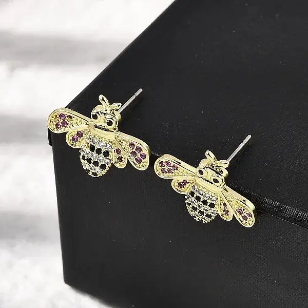 Brass Colorful Cubic Zirconia Bees Stud Earrings
