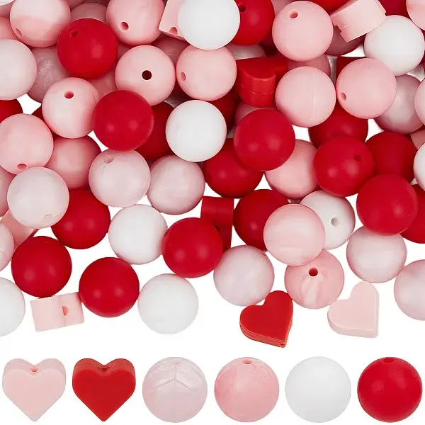 150Pcs 6 Styles Round & Heart Silicone Beads
