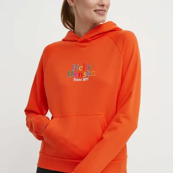Mikina Helly Hansen dámská, oranžová barva, s kapucí, s aplikací, 54239