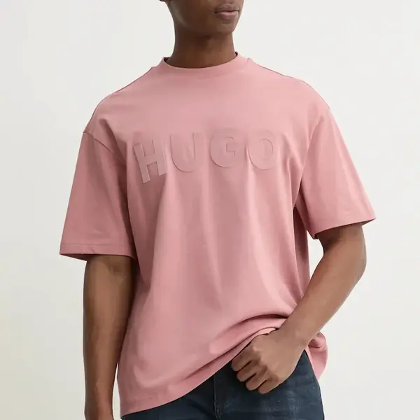 Bavlněné tričko HUGO Dinkee růžová barva, s potiskem, 50525765