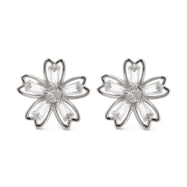 Rack Plating Flower Brass Micro Pave Clear Cubic Zirconia Stud Earrings