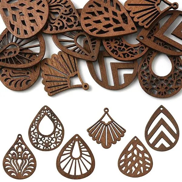 12Pcs 6 Styles Walnut Wood Laser Cut Pendants