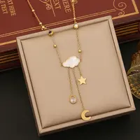 304 Stainless Steel Pave Clear Cubic Zirconia Cloud Moon with Tassel Pendant Necklaces