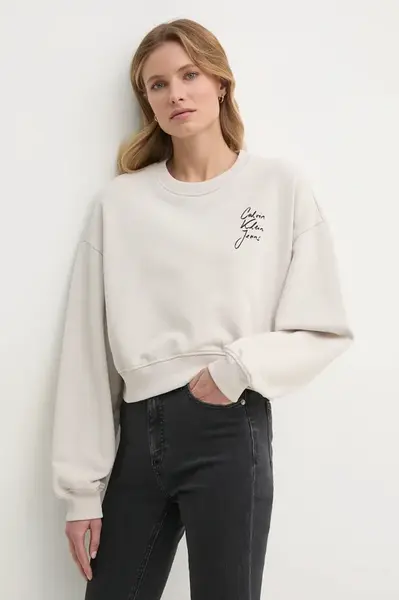 Bavlněná mikina Calvin Klein Jeans dámská, béžová barva, s potiskem, J20J224743