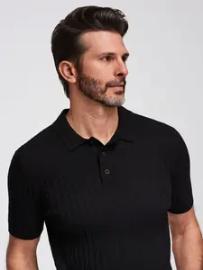 Ombre Men's SLIM FIT viscose vertical striped polo shirt - black