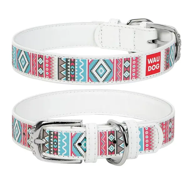 Kožený obojok so vzorom ETHNO biely, Obvod krku: 19-25 cm, širka: 9 mm