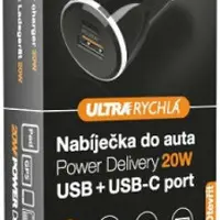 Nabíječka do auta Aligator POWER DELIVERY 20W, USB + USB-C, černá
